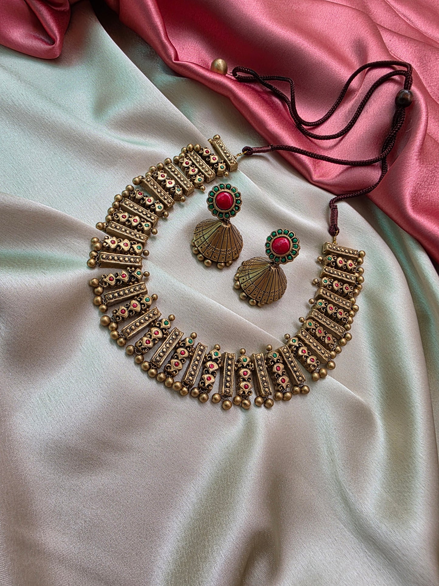 Terracotta Red Green Full Neck Choker Necklace with Jhumkas