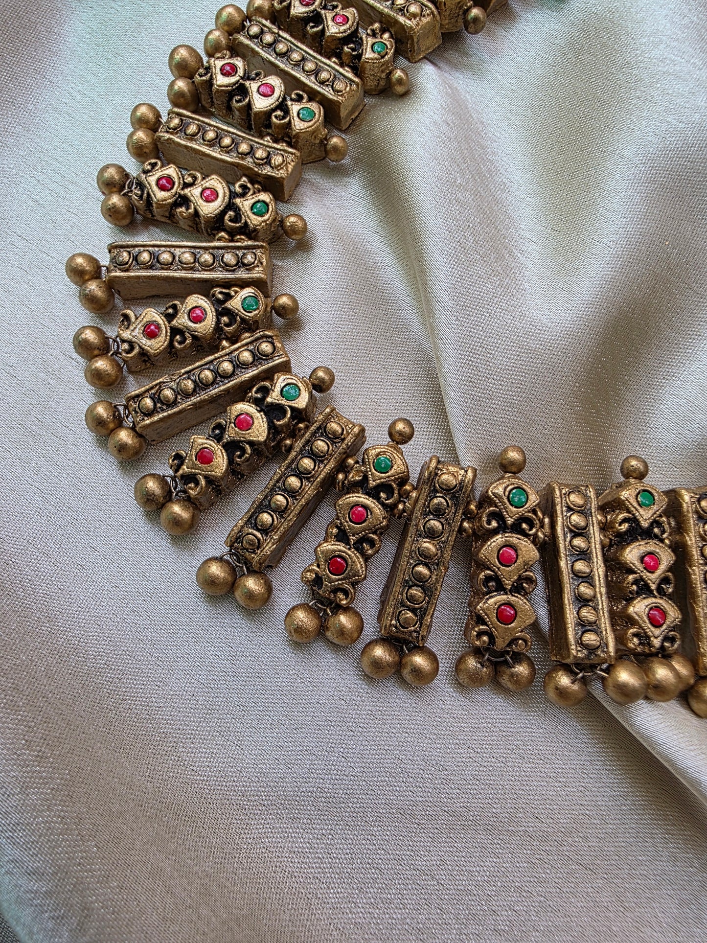 Terracotta Red Green Full Neck Choker Necklace with Jhumkas