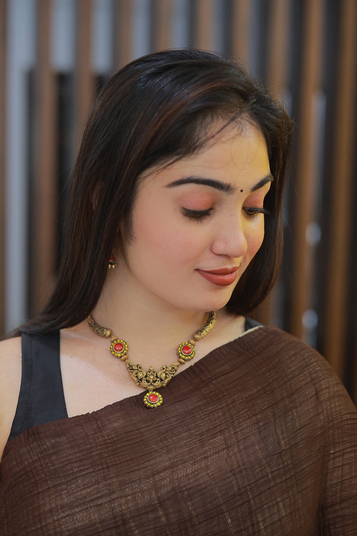 Pink Yellow Mayura Vardhini Terracotta Jewellery