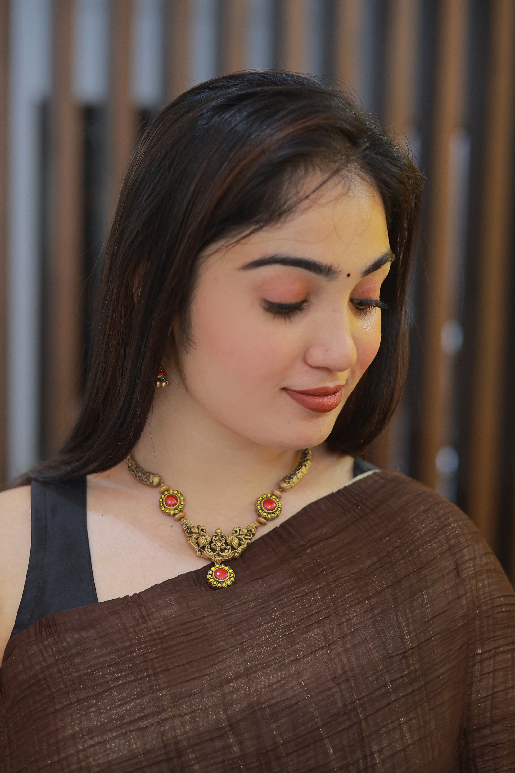 Pink Yellow Mayura Vardhini Terracotta Jewellery