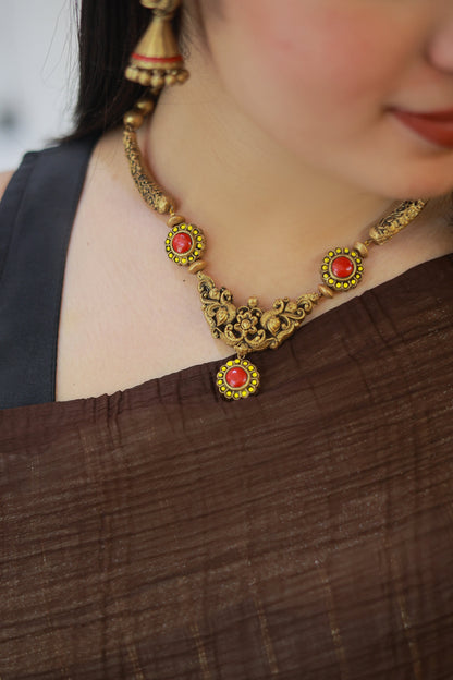 Pink Yellow Mayura Vardhini Terracotta Jewellery