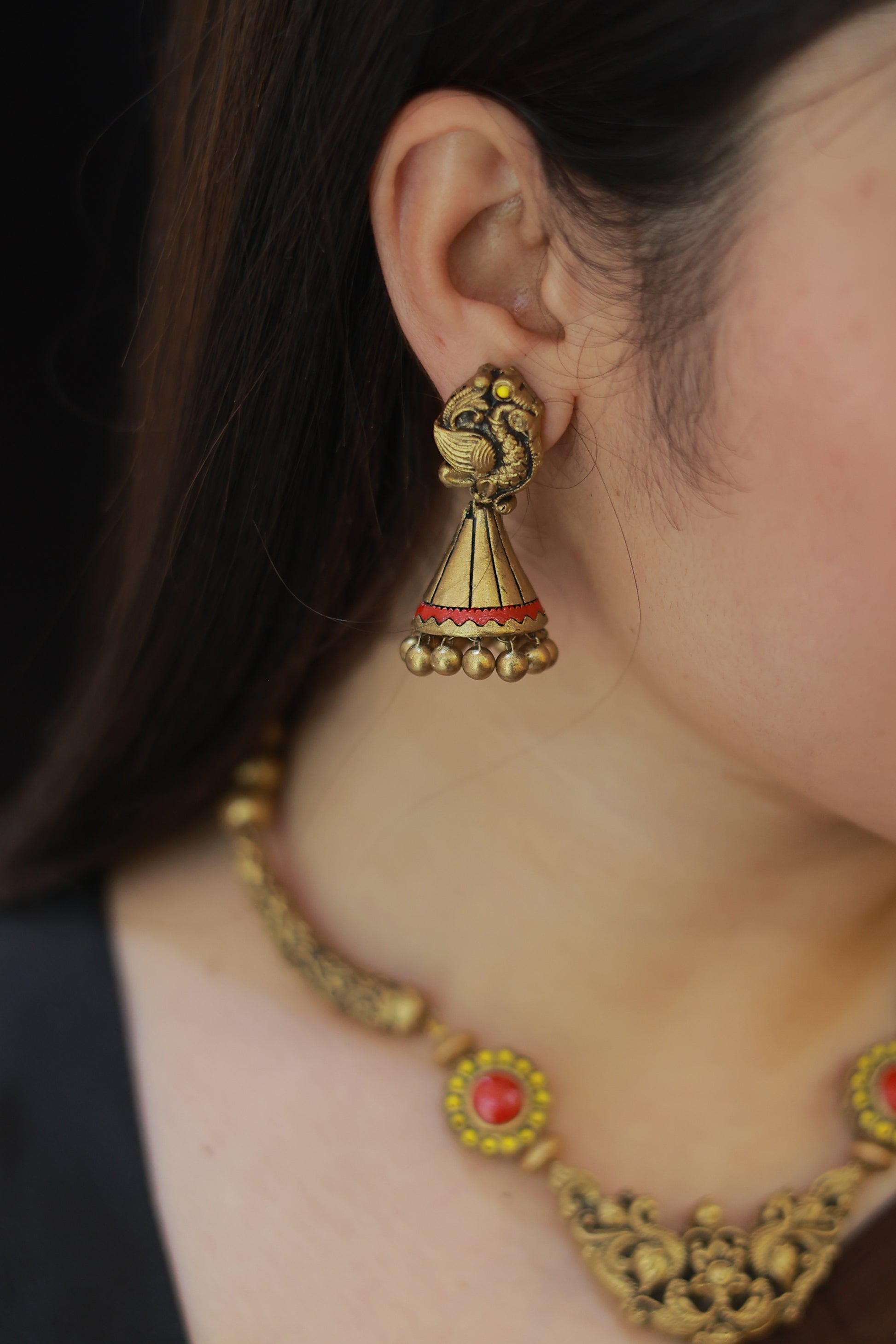 Pink Yellow Mayura Vardhini Terracotta Jewellery