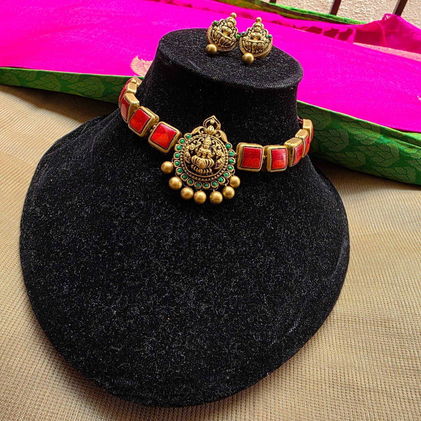 Lakshmi Antique gold and orange pendant with Indigo squares Terracotta Choker Necklace & Jumka Earring Set
