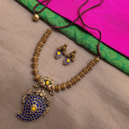 Kemp Mango Double peacock pendant with antique Gold Bicone Terracotta Jewellery