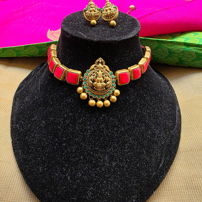 Lakshmi Antique gold and orange pendant with Indigo squares Terracotta Choker Necklace & Jumka Earring Set