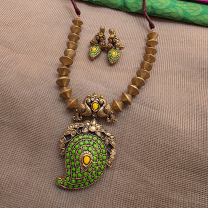 Kemp Mango Double peacock pendant with antique Gold Bicone Terracotta Jewellery
