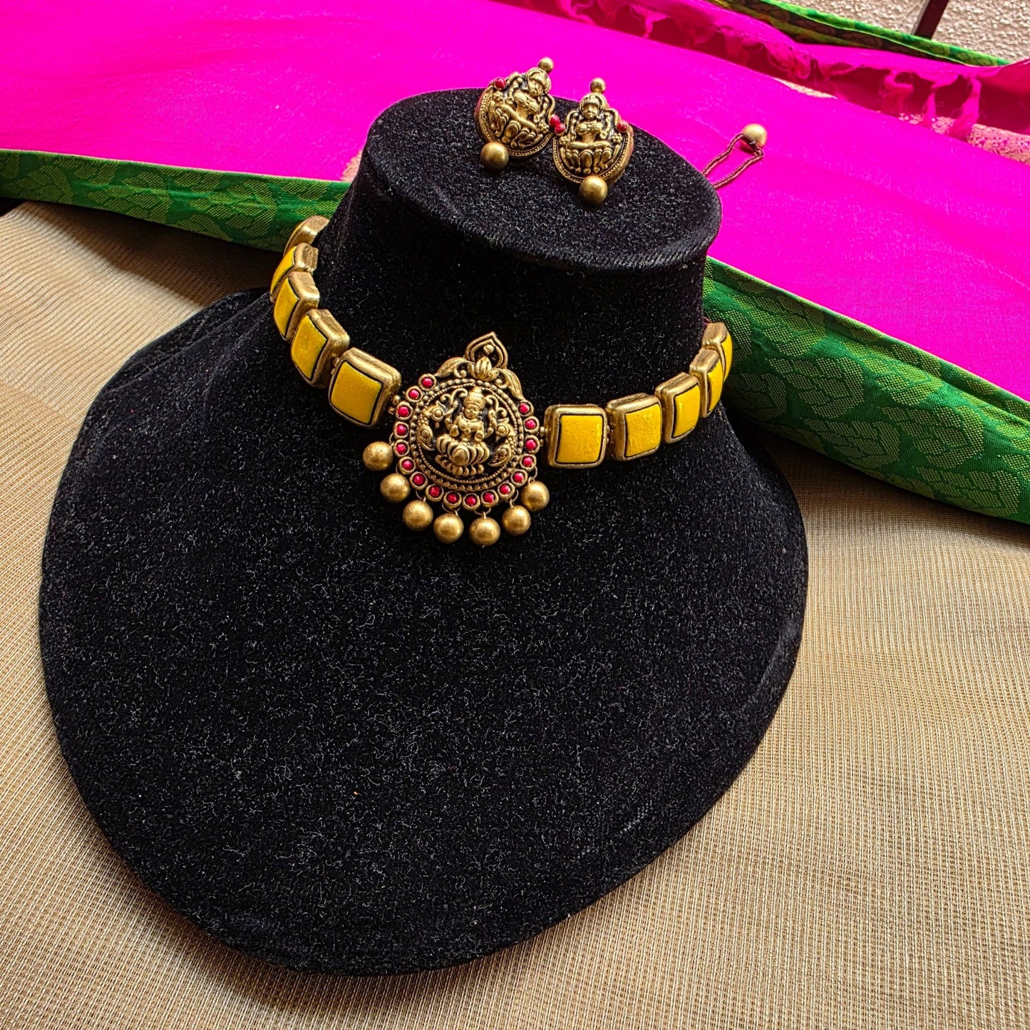 Lakshmi Antique gold and orange pendant with Indigo squares Terracotta Choker Necklace & Jumka Earring Set