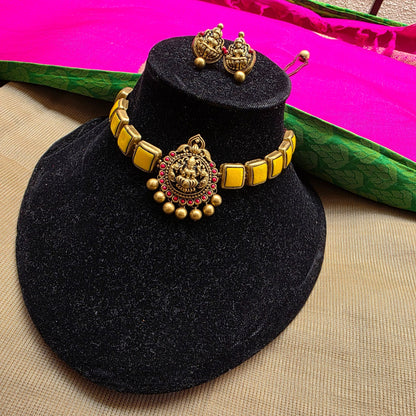 Lakshmi Antique gold and orange pendant with Indigo squares Terracotta Choker Necklace & Jumka Earring Set