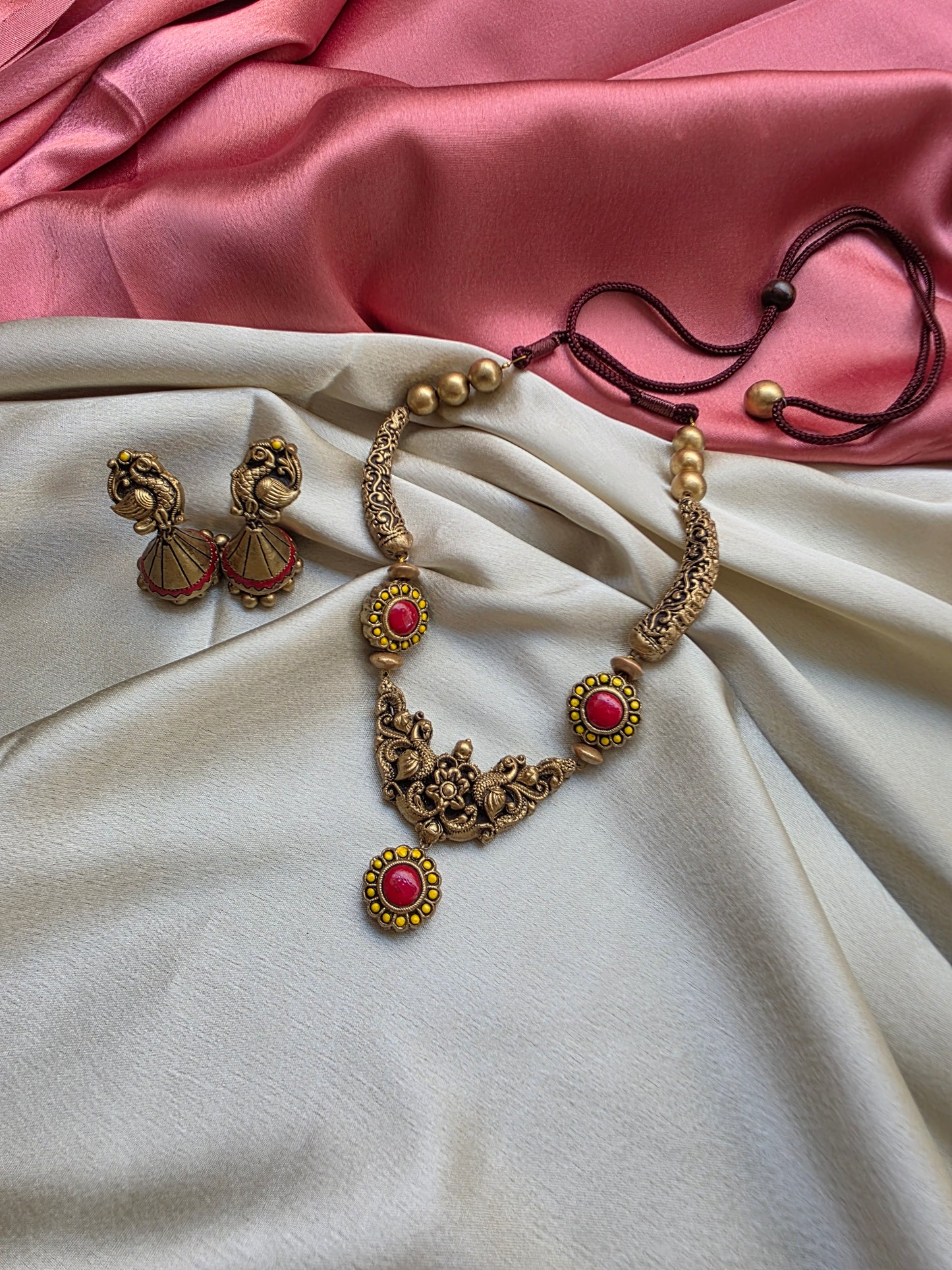 Pink Yellow Mayura Vardhini Terracotta Jewellery