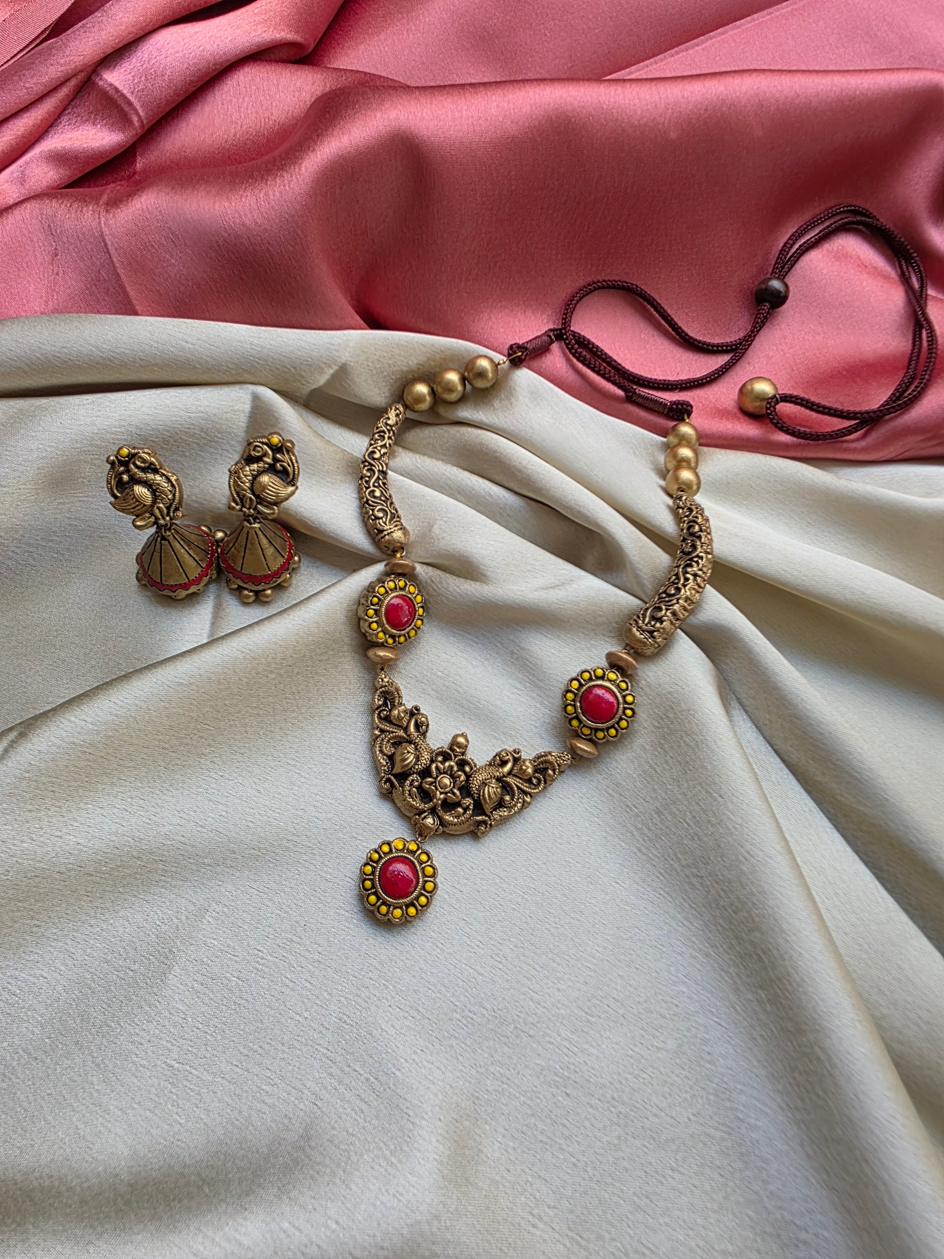 Pink Yellow Mayura Vardhini Terracotta Jewellery