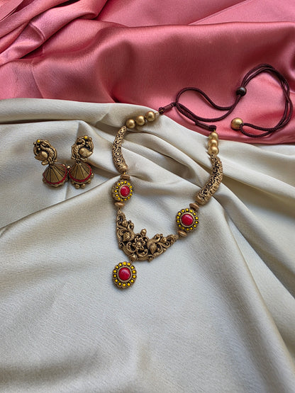Pink Yellow Mayura Vardhini Terracotta Jewellery