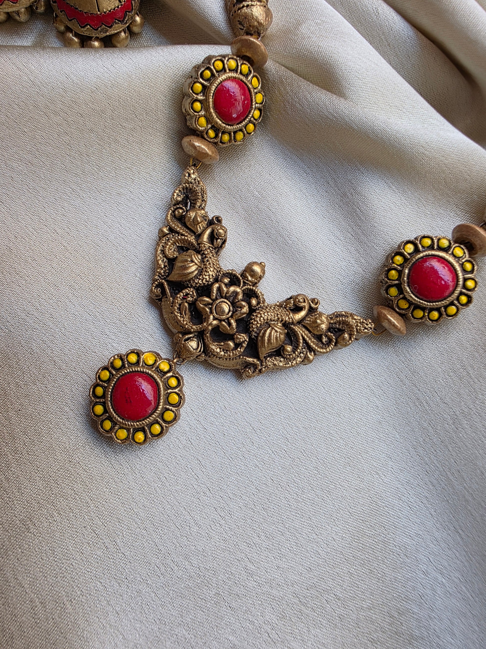 Pink Yellow Mayura Vardhini Terracotta Jewellery
