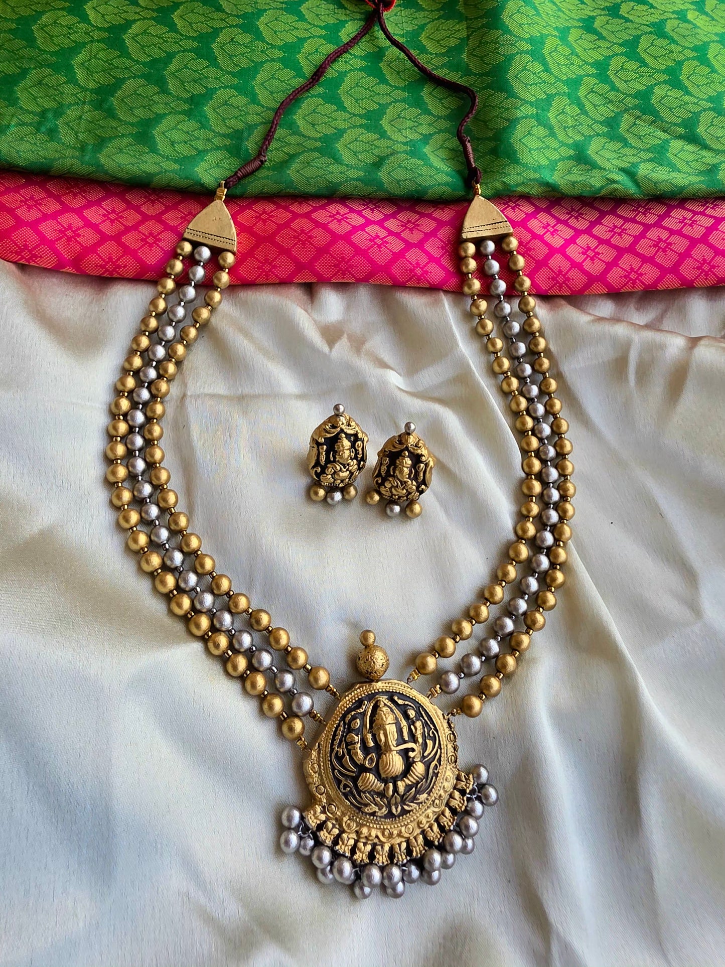 3 layer silver gold Ganesh antique terracotta necklace