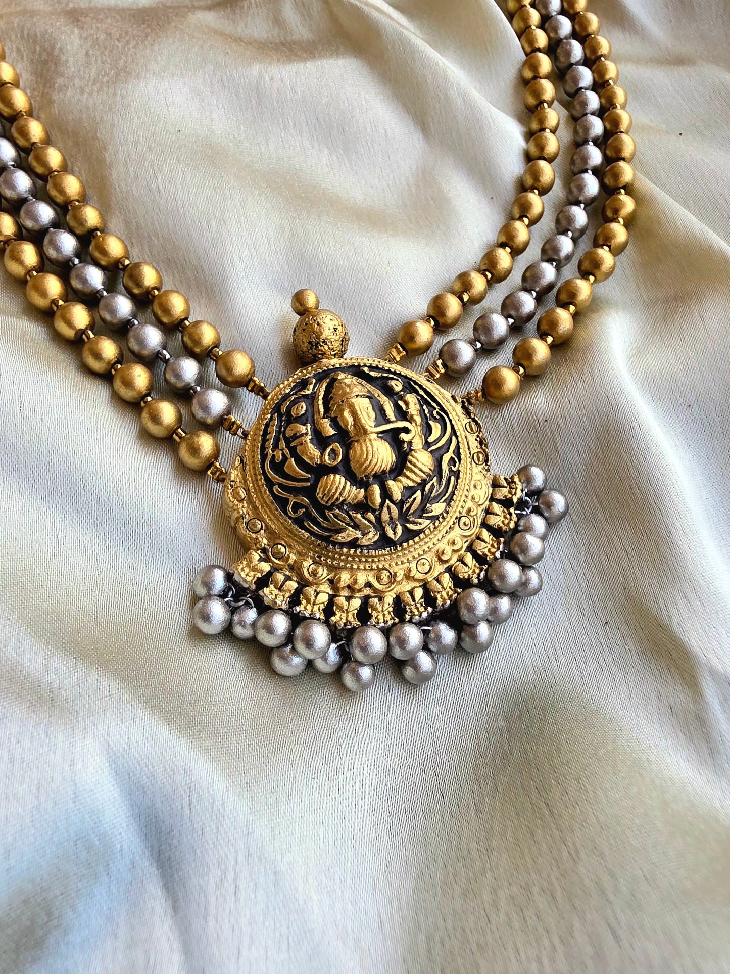 3 layer silver gold Ganesh antique terracotta necklace