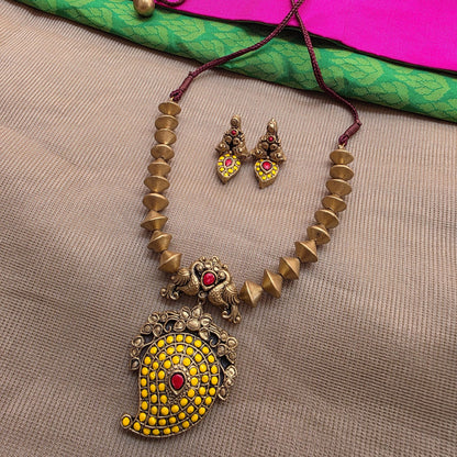 Kemp Mango Double peacock pendant with antique Gold Bicone Terracotta Jewellery