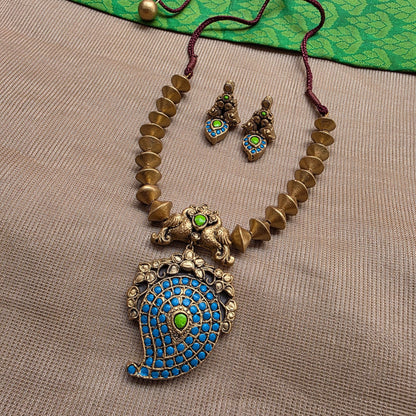 Kemp Mango Double peacock pendant with antique Gold Bicone Terracotta Jewellery