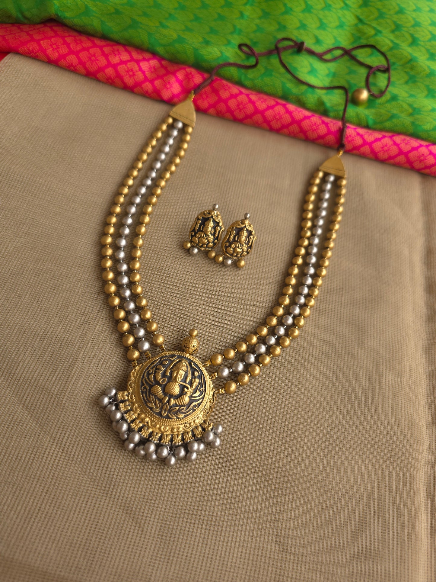 3 layer terracotta Ganesha necklace antique gold silver design