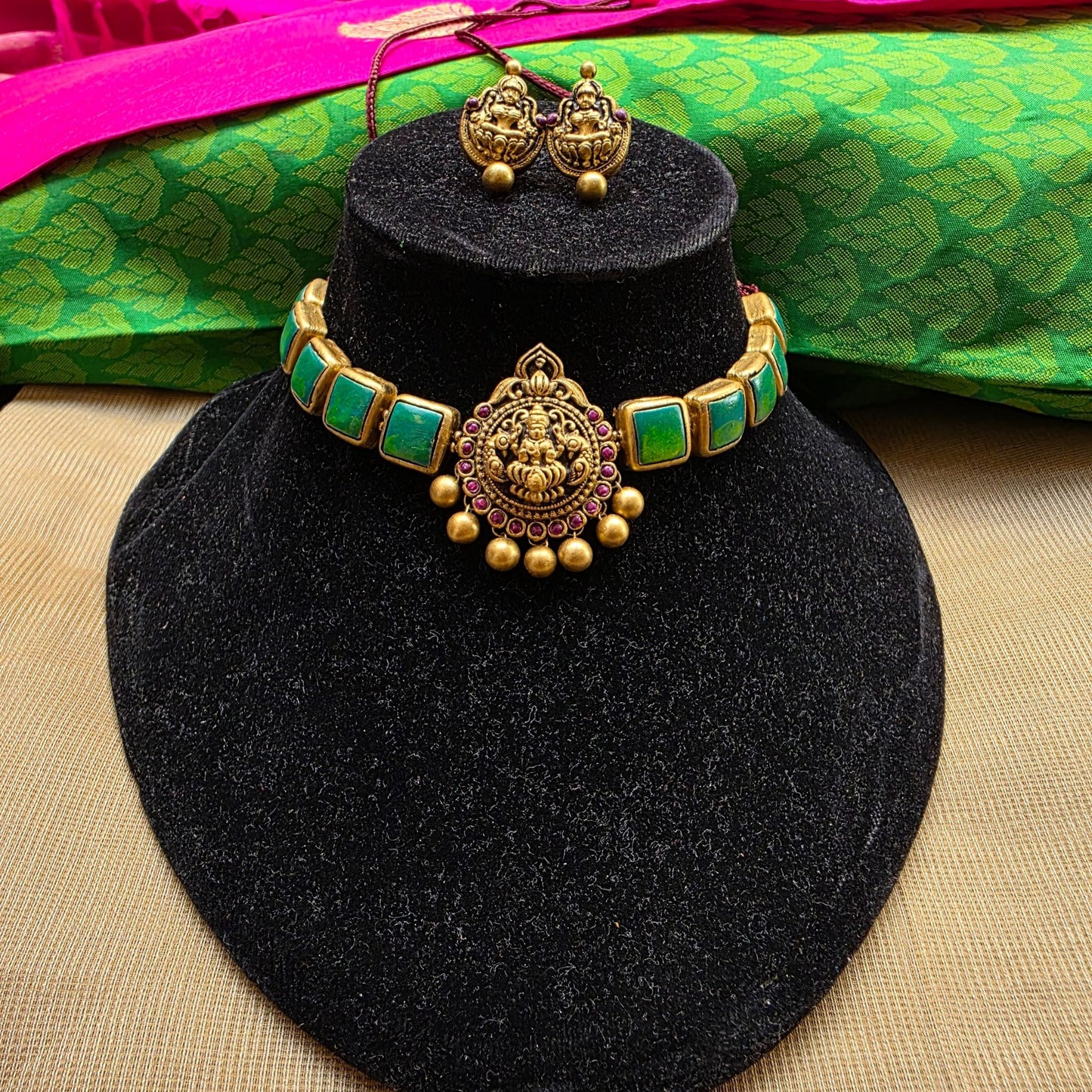 Lakshmi Antique gold and orange pendant with Indigo squares Terracotta Choker Necklace & Jumka Earring Set