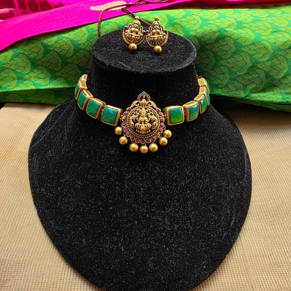 Lakshmi Antique gold and orange pendant with Indigo squares Terracotta Choker Necklace & Jumka Earring Set