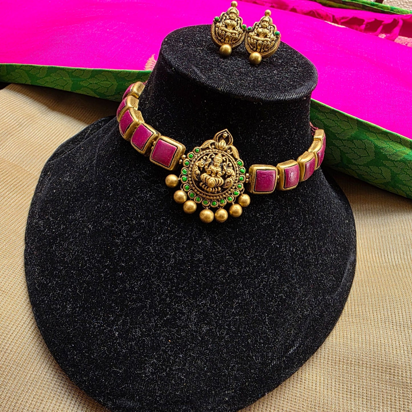 Lakshmi Antique gold and orange pendant with Indigo squares Terracotta Choker Necklace & Jumka Earring Set