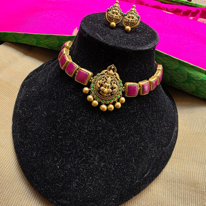 Lakshmi Antique gold and orange pendant with Indigo squares Terracotta Choker Necklace & Jumka Earring Set