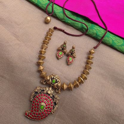 Kemp Mango Double peacock pendant with antique Gold Bicone Terracotta Jewellery