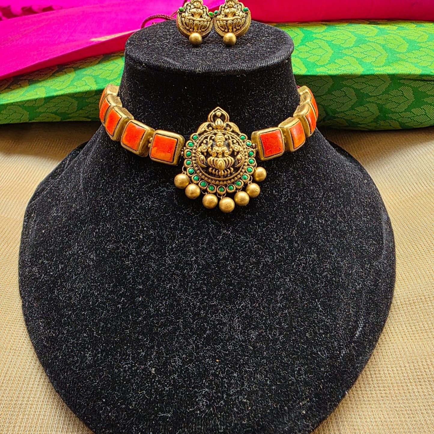 Lakshmi Antique gold and orange pendant with Indigo squares Terracotta Choker Necklace & Jumka Earring Set