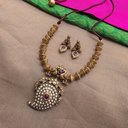 Kemp Mango Double peacock pendant with antique Gold Bicone Terracotta Jewellery