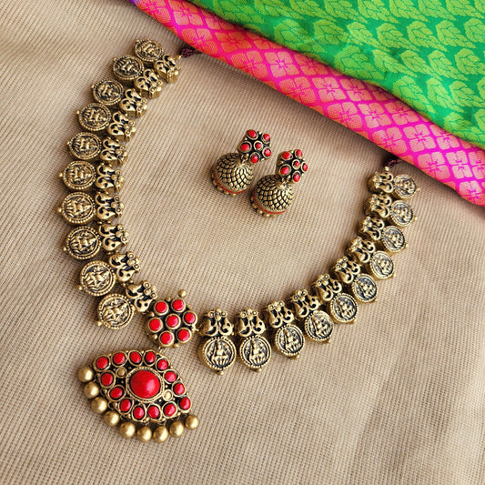 Aaromale - Nagas Antique Gold  Lakshmi Coin necklace with Red Kemp Pendant terracotta jewellery