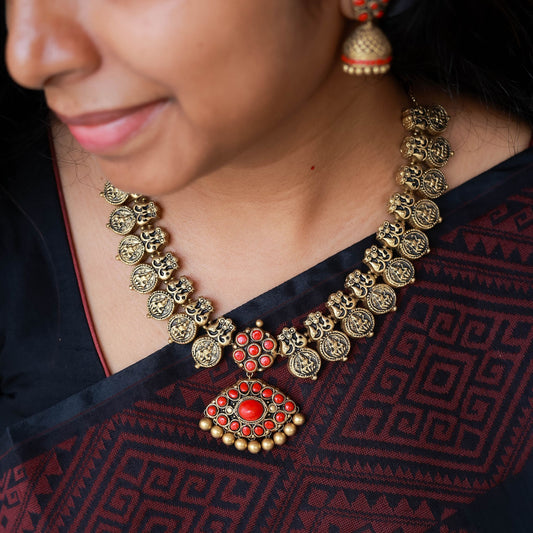 Aaromale - Nagas Antique Gold  Lakshmi Coin necklace with Red Kemp Pendant terracotta jewellery