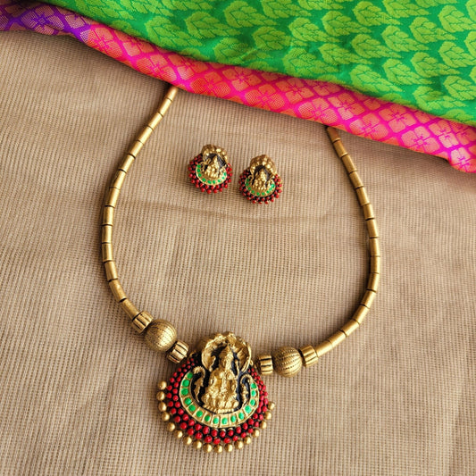 Aarvikaa - Antique Gold NagaLakshmi simple tube necklace with red and green highlights