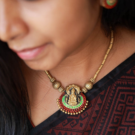 Handcrafted terracotta necklace set with divine Lakshmi motif