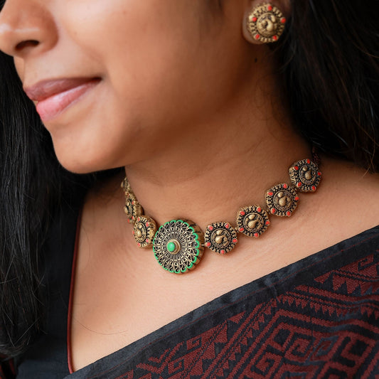 Aarvya - Pastel green and peach peacock motif choker neckace with mandala motif pendant terracotta jewellery