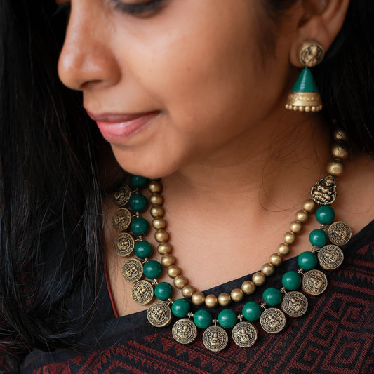 Akalya - Dual row green and gold bead with Lakshmi coin necklace terracotta jewellery with matching jumka