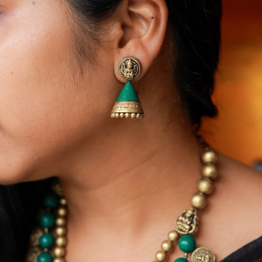 Handmade terracotta jumka earrings matching necklace