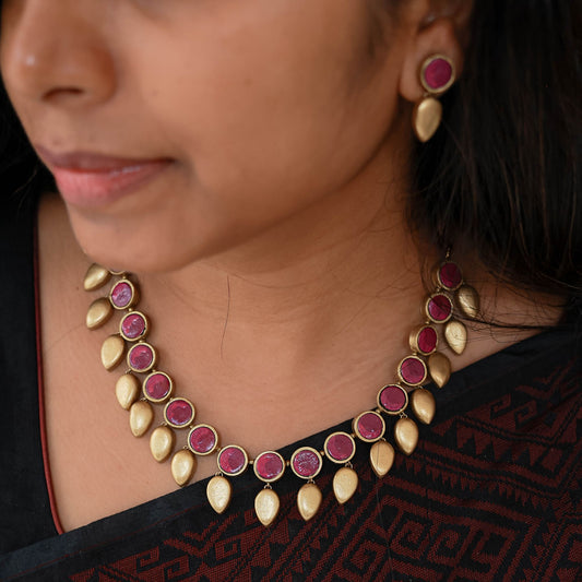 Amala handmade terracotta necklace with purple and gold accents