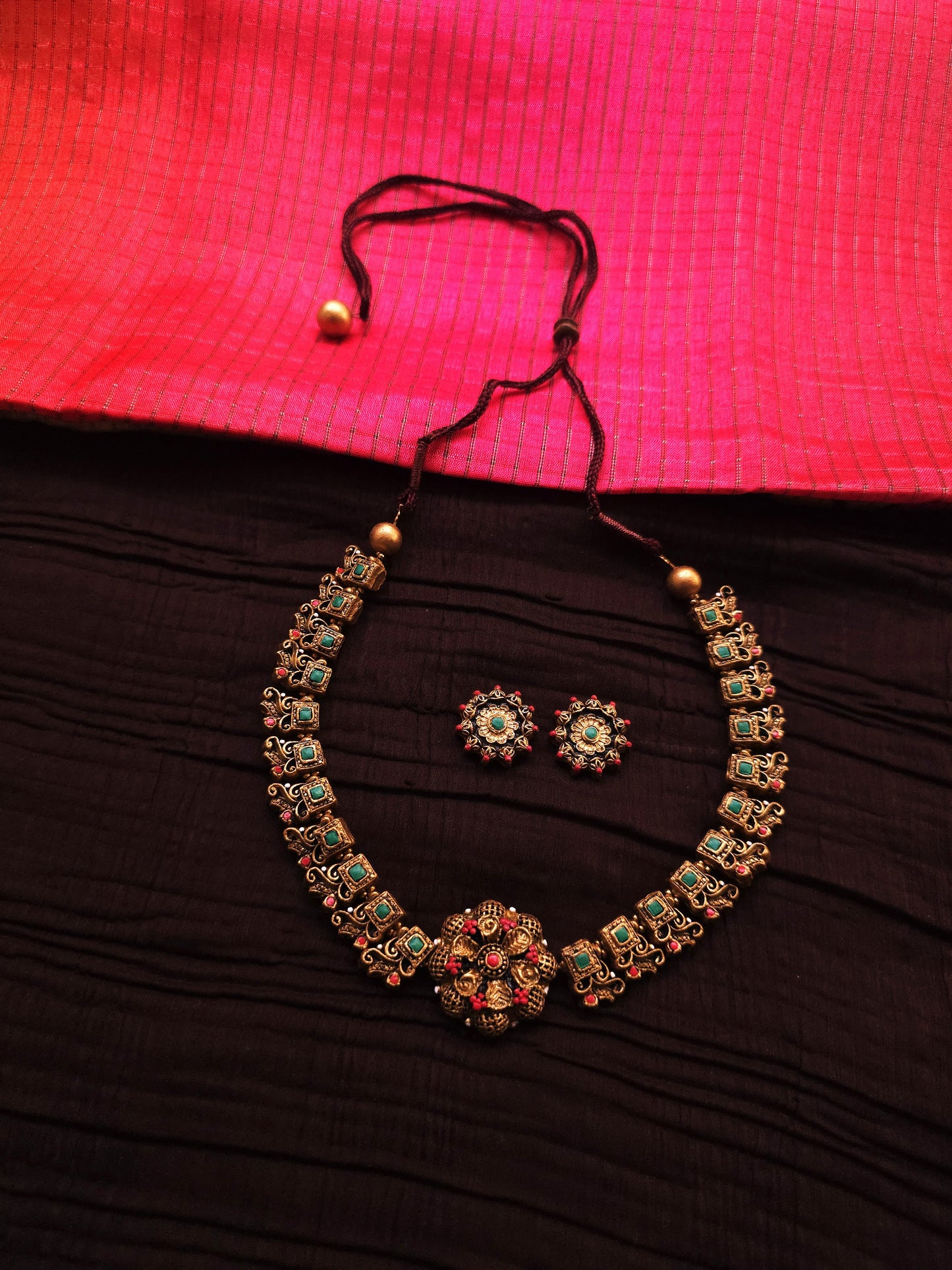 Ananya Antique Gold Architectural & Teal-Crimson Floral Terracotta Set