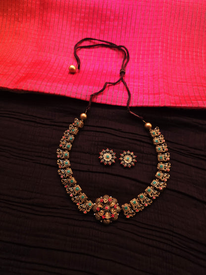 Ananya Antique Gold Architectural & Teal-Crimson Floral Terracotta Set