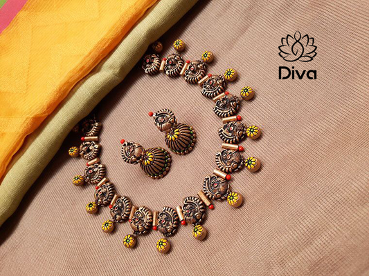 Antique-green-yellow peacock terracotta jewellery