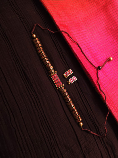 Avantika Antique Gold Block & Crimson Mosaic Terracotta Choker Set