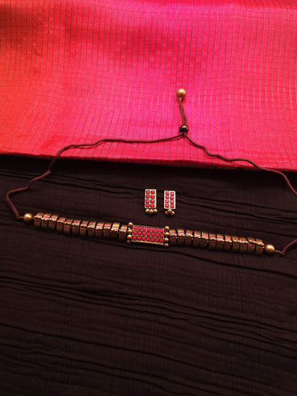 Avantika Antique Gold Block & Crimson Mosaic Terracotta Choker Set
