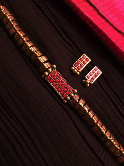 Avantika Antique Gold Block & Crimson Mosaic Terracotta Choker Set
