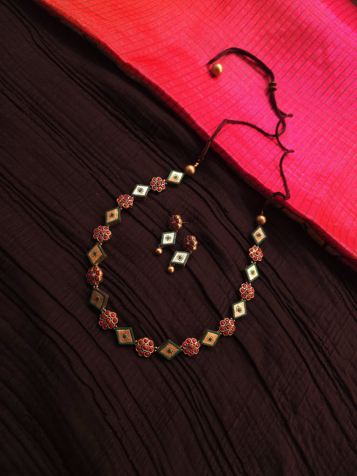 Avantika Antique Gold Rhombus & Crimson Floral Terracotta Strand Set