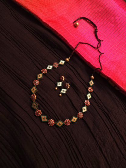 Avantika Antique Gold Rhombus & Crimson Floral Terracotta Strand Set