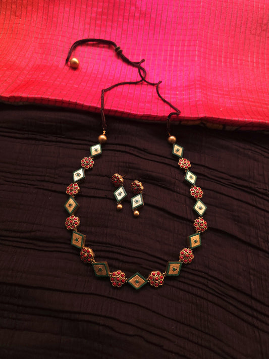 Avantika Antique Gold Rhombus & Crimson Floral Terracotta Strand Set