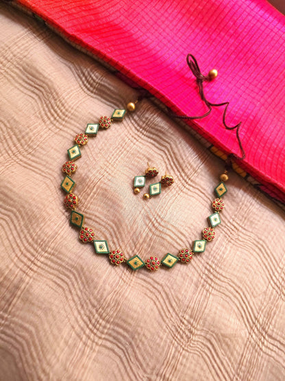 Avantika Antique Gold Rhombus & Crimson Floral Terracotta Strand Set