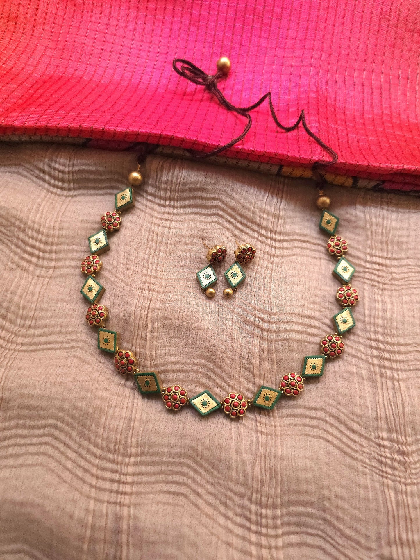 Avantika Antique Gold Rhombus & Crimson Floral Terracotta Strand Set