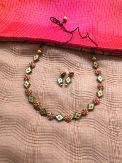Avantika Antique Gold Rhombus & Crimson Floral Terracotta Strand Set