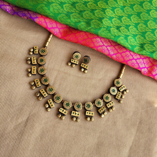 Chakra - Sap Green rectangle and circular elements antique gold terracotta jewellery