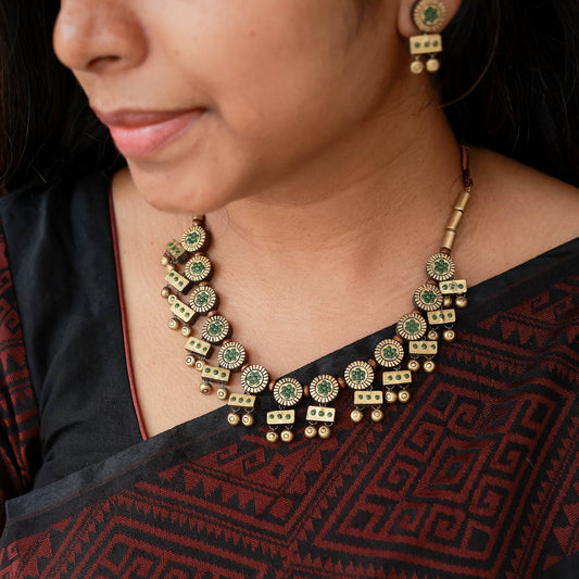 Chakra-inspired terracotta jewellery sap green antique gold design